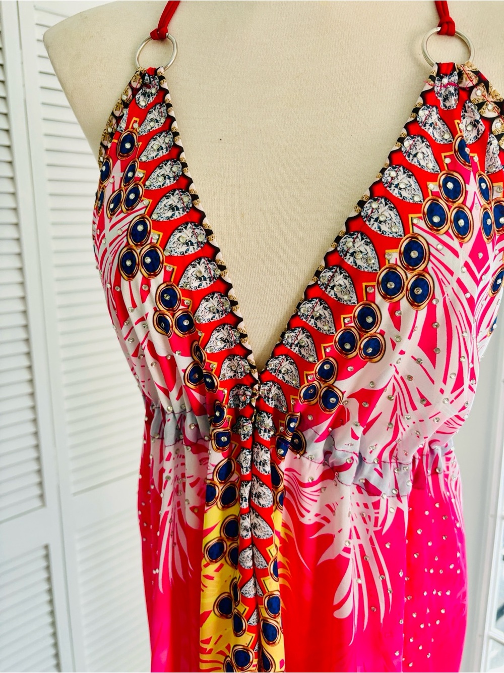 Women’s Pink Tropical Halter Maxi Dress - Picture 2 of 5